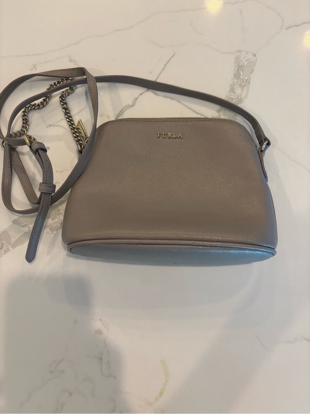 Furla Small Gray Crossbody Bag with Gold-Tone Logo